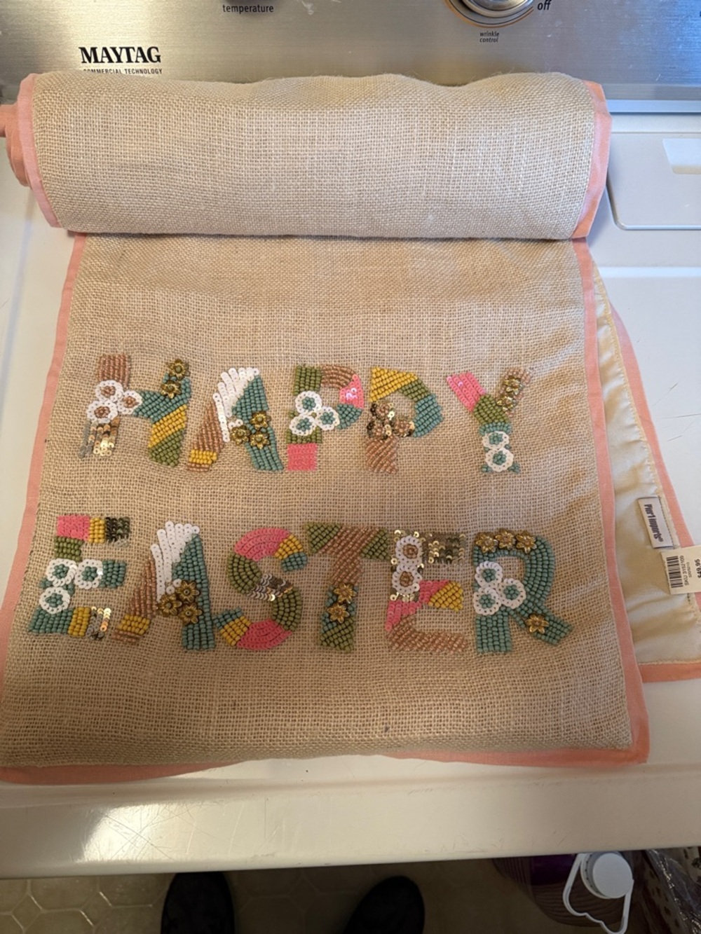 Pier 1 Imports Jute Beaded Table Runner Floral Happy Easter 13.5" x 72"